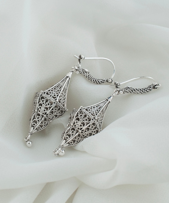 Gothic Designer Silver Dome Dangle Earrings 925 Sterling Drop Earrings Artisan Handmade Filigree Lantern Victorian Style Earrings Jewelry Etsy