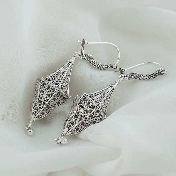 Gothic Vintage Silver Dome Dangle Earrings, 925 Sterling Drop Earrings Artisan Handmade Filigree Lantern Victorian Style Earrings Jewelry