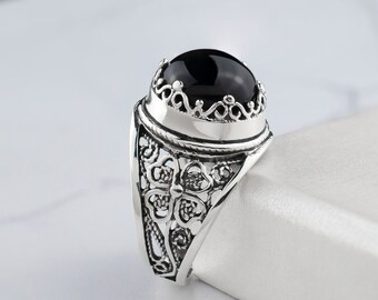 Black Onyx Silver Floral Boho Statement Ring 925 Sterling Artisan Made Handcrafted Filigree Genuine Gemstone Cocktail Ring Women Jewelry