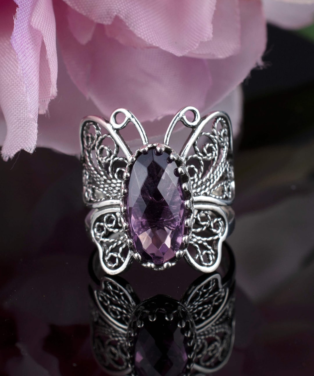 Buy Amethyst Silver Boho Butterfly Ring, 925 Sterling Silver Artisan  Filigree Monarch Butterfly Ring, Statement Ring, Women Handmade Jewelry  Online in