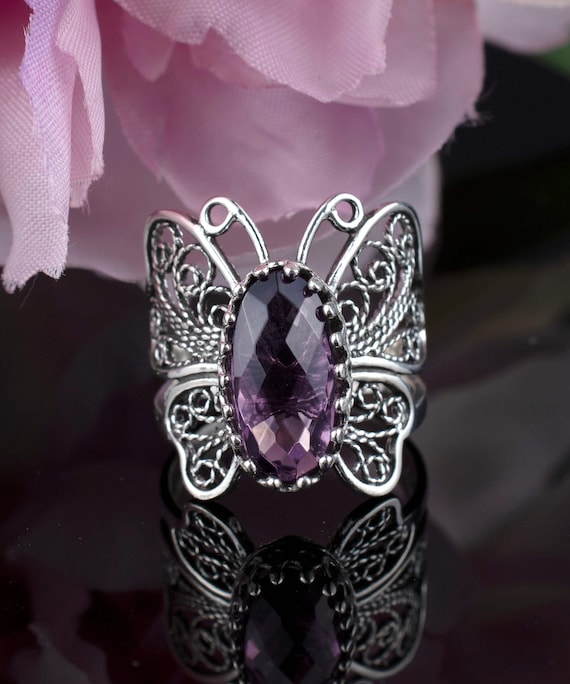 Amethyst Silver Boho Butterfly Ring, 925 Sterling Silver Artisan Filigree  Monarch Butterfly Ring, Statement Ring, Women Handmade Jewelry - Etsy