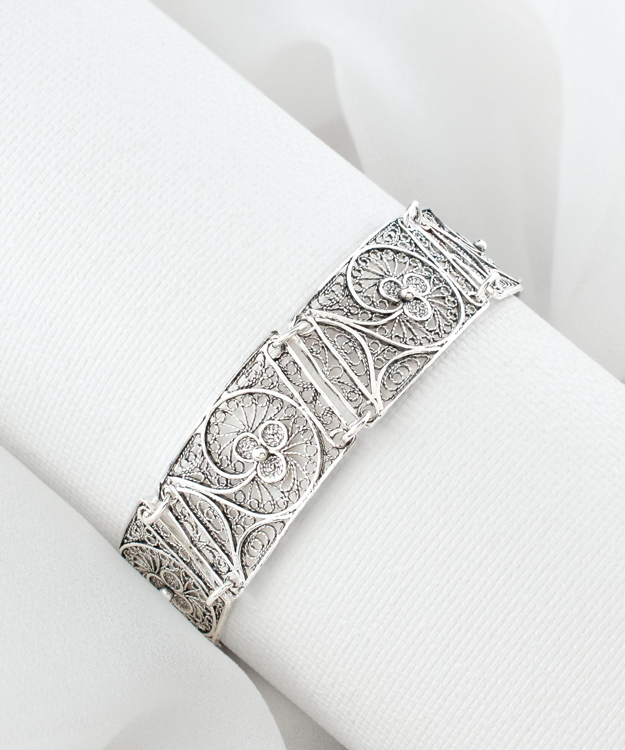 Silver Filigree Clover Panel Bracelet 925 Sterling Silver Artisan