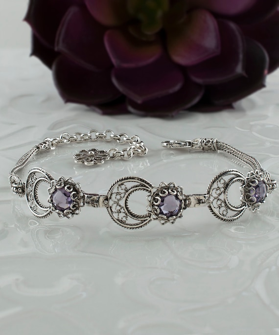 Amethyst 925 Sterling Silver Dainty Bracelet Artisan Handcrafted Filigree Adjustable Bracelet Genuine Gemstone Women Jewelry Gift Boxed