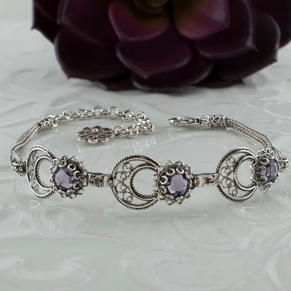 Amethyst 925 Sterling Silver Dainty Bracelet Artisan Handcrafted Filigree Adjustable Bracelet Genuine Gemstone Women Jewelry Gift Boxed