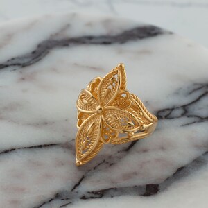 May include: A gold filigree ring with a floral design. The ring is made of intricate, delicate metalwork and has a triangular shape.