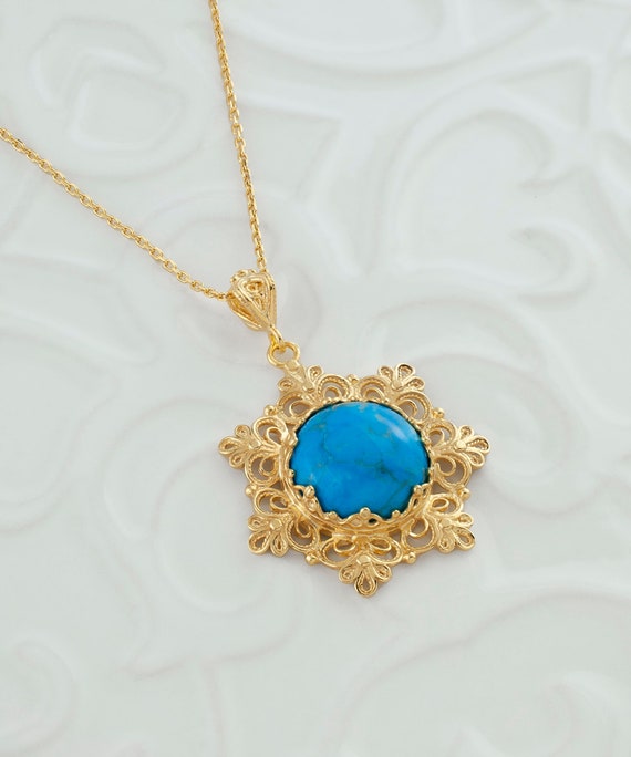 Gold Turquoise Boho Floral Silver Pendant Necklac… - image 1
