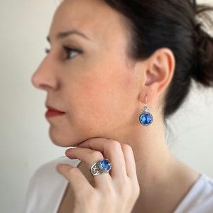 Parure de bijoux de mariage en argent et quartz bleu, boucles d&#39;oreilles pendantes en argent sterling 925, parure de bijoux de mariée en filigrane de fabrication artisanale, parure de pierres précieuses en quartz