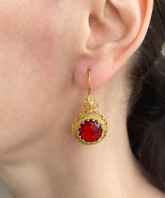 Gold Ruby Boho Silver Filigree Drop Earrings, 925… - image 7