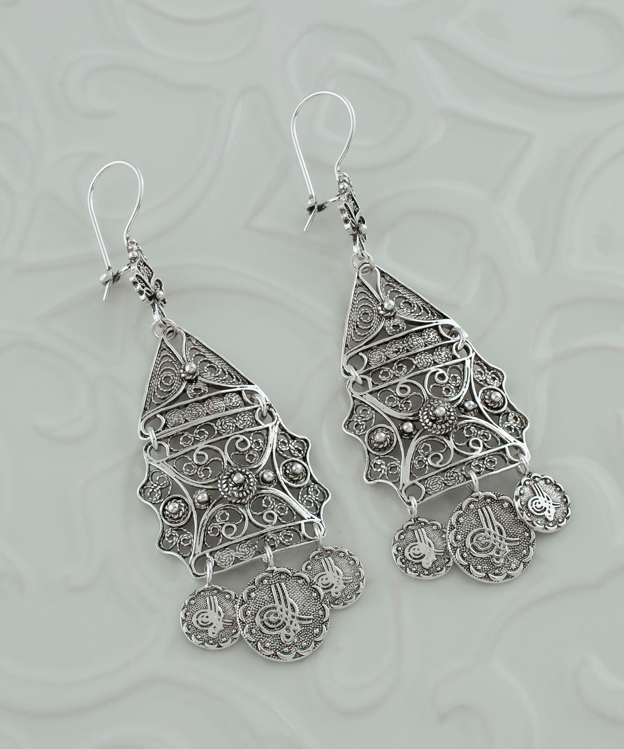 Handgemachte Silber verzierten Ottomane filigrane Ohrringe 925 Sterling Silber Große Baumeln Spitze Ohrringe Handwerker Handgefertigt, Unikat