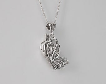 Silver Boho Filigree Butterfly Pendant Necklace, 925 Sterling Silver Charm Pendant, Artisan Made Filigree Pendant Women Jewelry