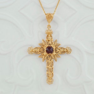 Ruby Corundum Gold Handmade Silver Cross Pendant Necklace, 925 Sterling Silver 18K Gold Plated Filigree Fancy Floral Holy Cross Jewelry image 7