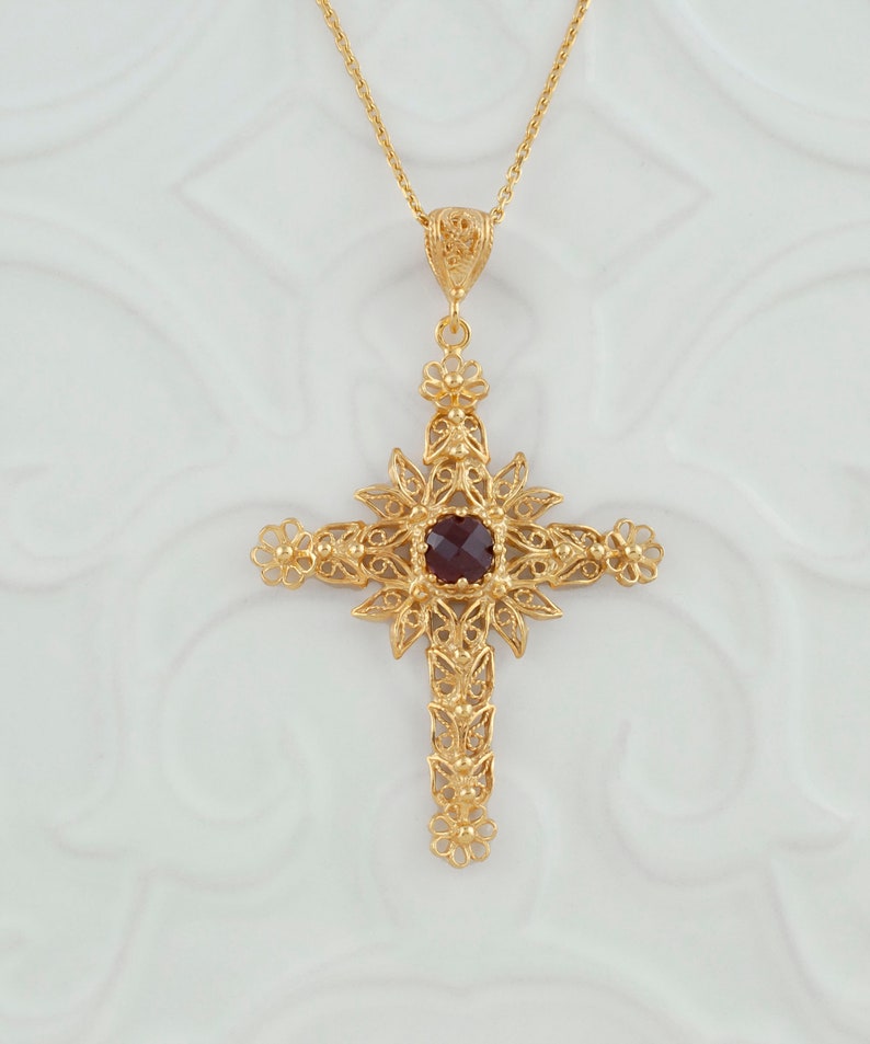 Ruby Corundum Gold Handmade Silver Cross Pendant Necklace, 925 Sterling Silver 18K Gold Plated Filigree Fancy Floral Holy Cross Jewelry image 7