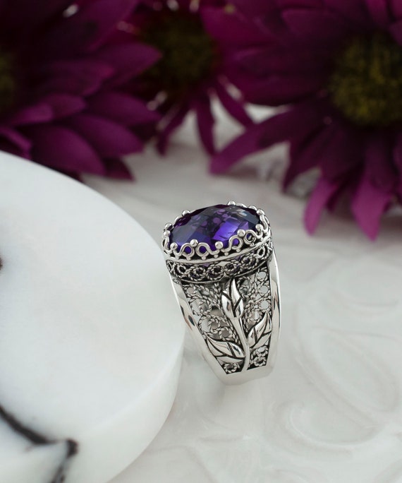 Bague Ancienne En Argent 925 Et Améthyste - Taille 59, Modèle BA-AR-331, Neuf Avec Étiquette