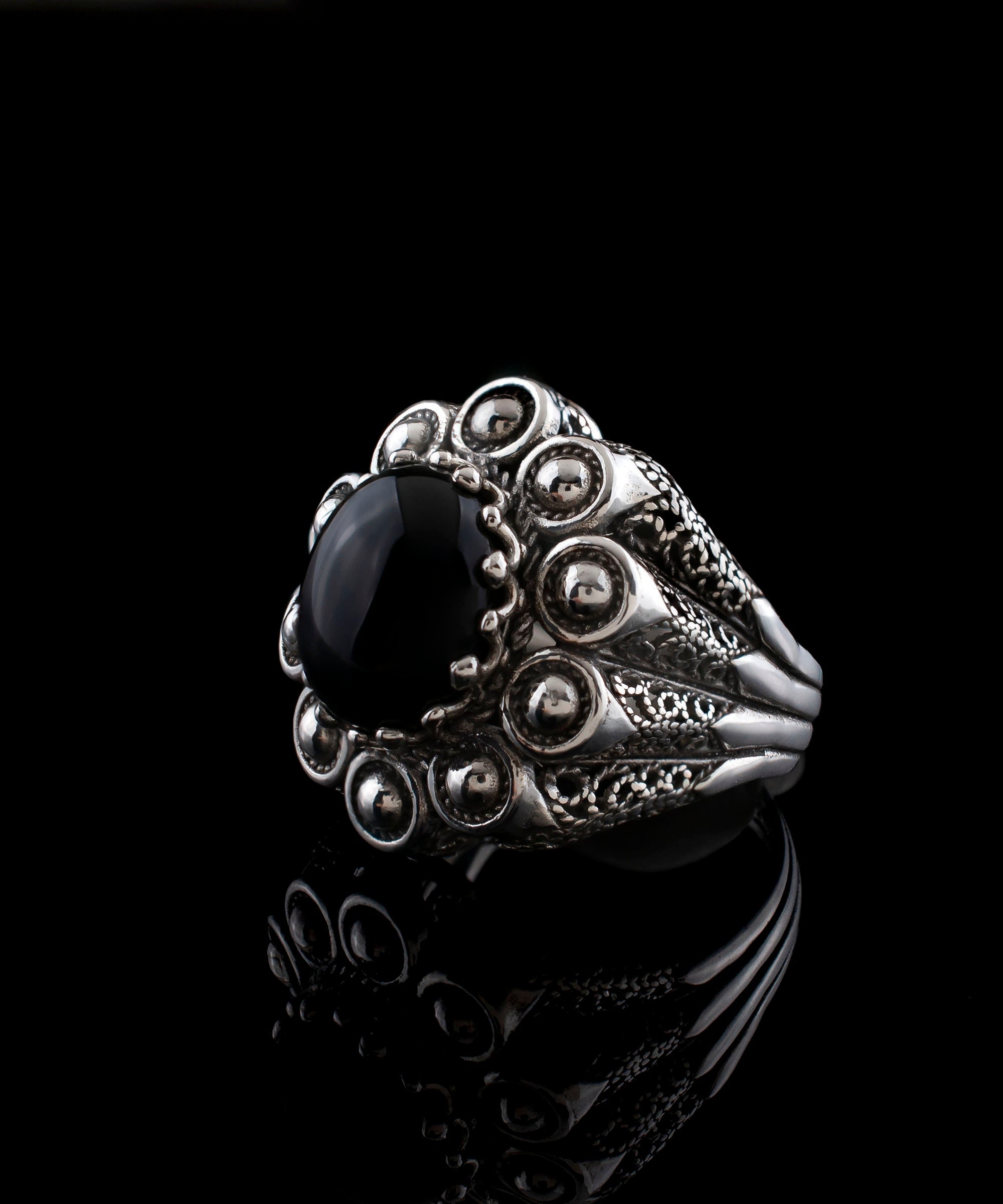 Black Onyx Silver Gothic Bold Statement Ring, 925 Sterling
