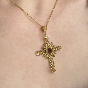 Ruby Corundum Gold Handmade Silver Cross Pendant Necklace, 925 Sterling Silver 18K Gold Plated Filigree Fancy Floral Holy Cross Jewelry image 6