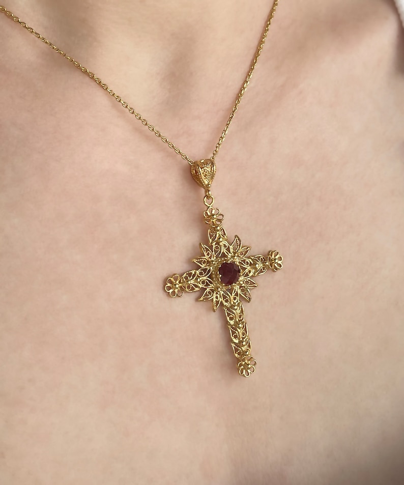 Ruby Corundum Gold Handmade Silver Cross Pendant Necklace, 925 Sterling Silver 18K Gold Plated Filigree Fancy Floral Holy Cross Jewelry image 6