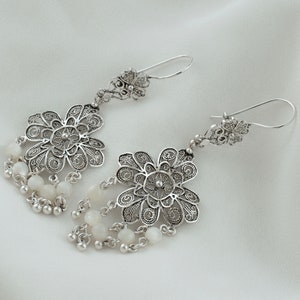 Mother Pearl Beaded Silver Filigree Floral Earrings, 925 Sterling Silver Artisan Handmade Dangle Drop Chandelier Statement Flower Earrings