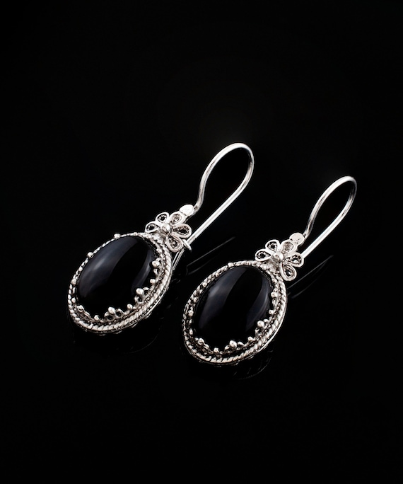 Black Onyx Dangle Filigree Sterling Silver Earrings Black Onyx Dangle Filigree Sterling Silver Earrings