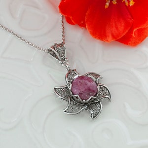 Rhodonite Silver Boho Pink Flower Pendant Necklace, 925 Sterling Silver Artisan Handmade Filigree Woman Floral Pendant, Gift for Mom Her