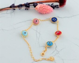 Bracciale Malocchio Con Zirconi E Smalto Blu - Oneress Gioiello Protettivo Regolabile In Ottone, Catena A Onde, Portafortuna, Regalo Per Lei In Sacchetto Di Velluto