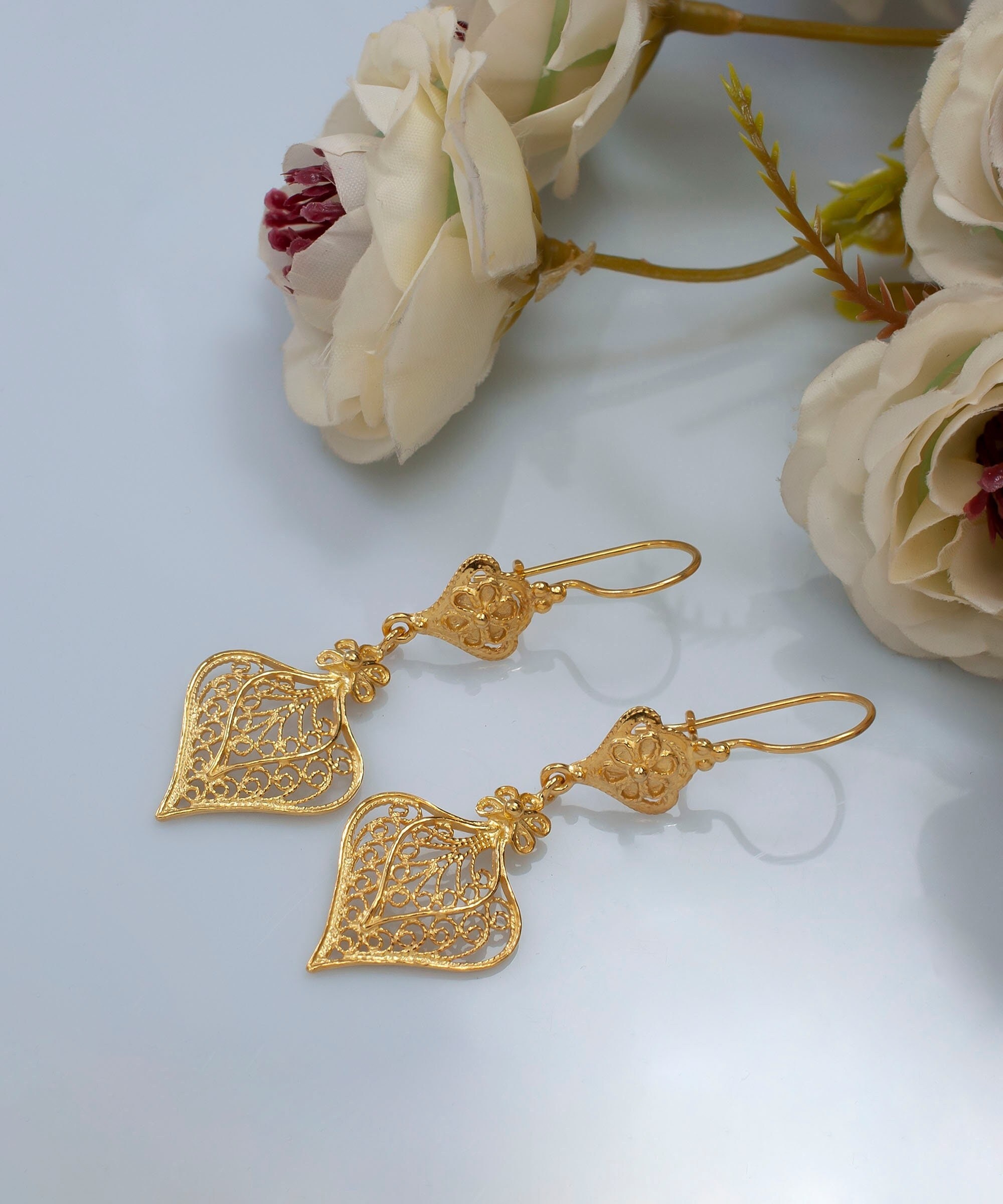 Gold Plated / 925 Sterling Silver Artisan Handcrafted Filigree Earrings Women Handmade Floral Leaf Design Jewelry