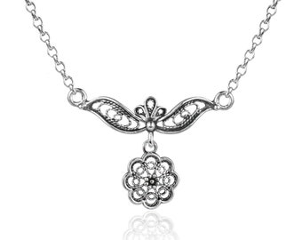 Silver Minimalist Floral Charm Women Necklace, 925 Sterling Artisan Handcrafted Filigree Delicate Flower Necklace Dainty Jewelry