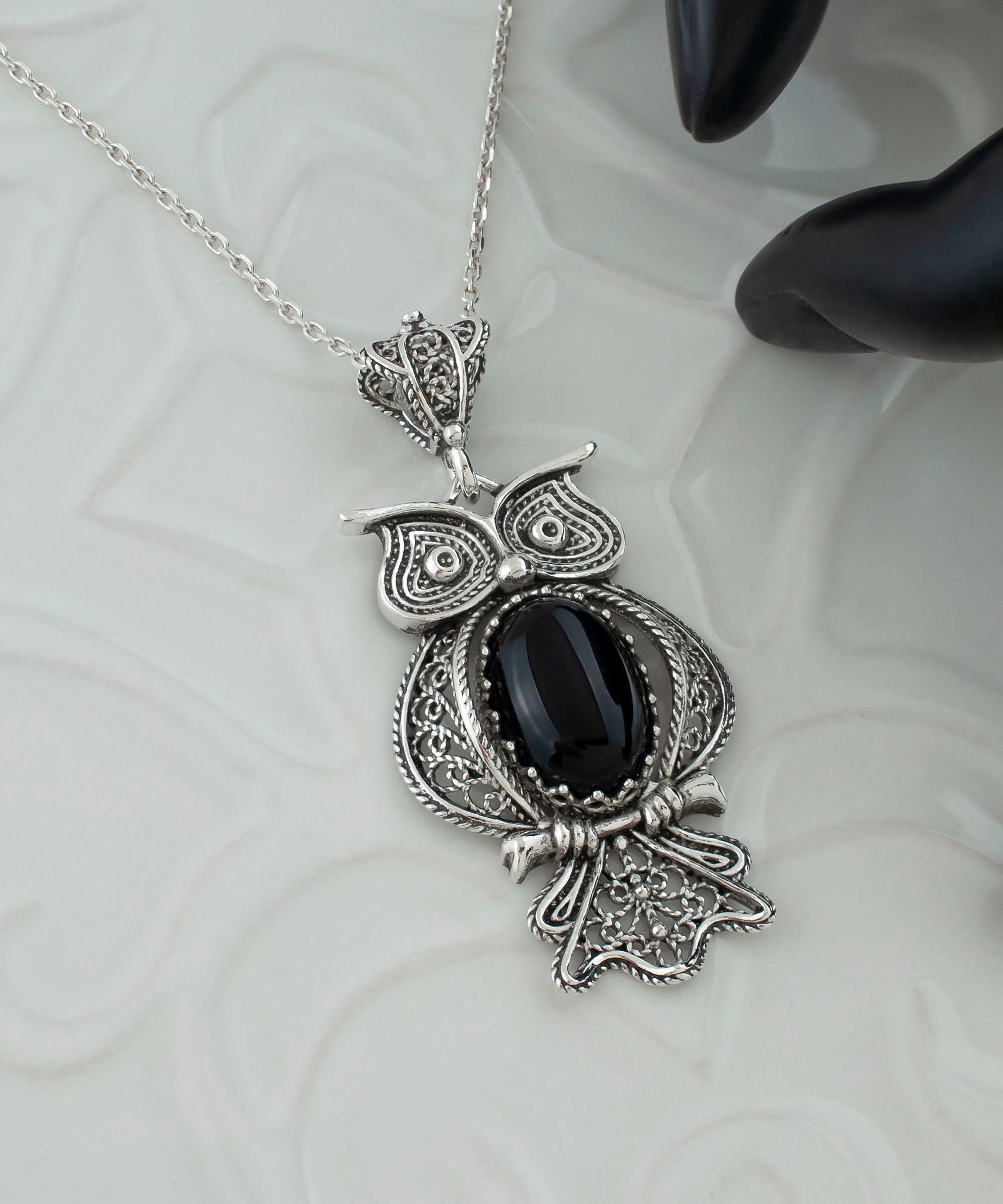 Black Onyx Silver Owl Gothic Pendant Necklace, 925 Sterling Silver Artisan Handmade Filigree Fancy A