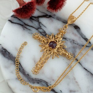 Ruby Corundum Gold Handmade Silver Cross Pendant Necklace, 925 Sterling Silver 18K Gold Plated Filigree Fancy Floral Holy Cross Jewelry image 3