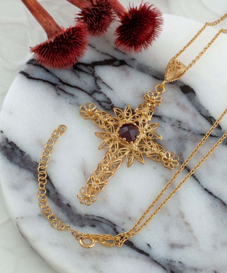 Ruby Corundum Gold Handmade Silver Cross Pendant Necklace, 925 Sterling Silver 18K Gold Plated Filigree Fancy Floral Holy Cross Jewelry image 3