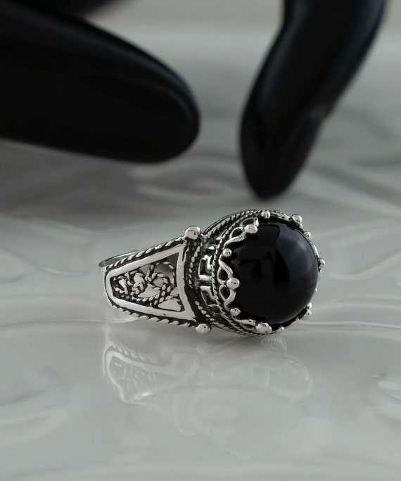 Black Onyx Silver Gothic Filigree Ring, 925 Sterling Silver