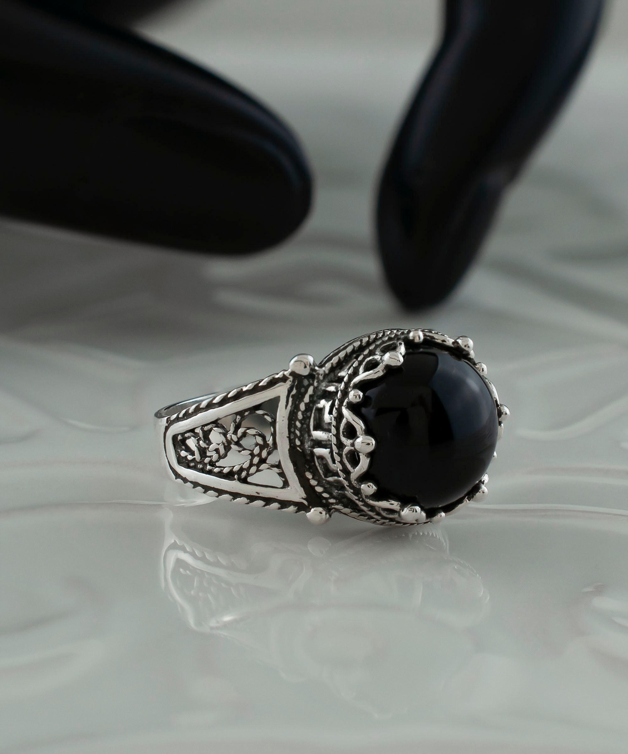 Black Onyx Silver Gothic Filigree Ring, 925 Sterling Silver