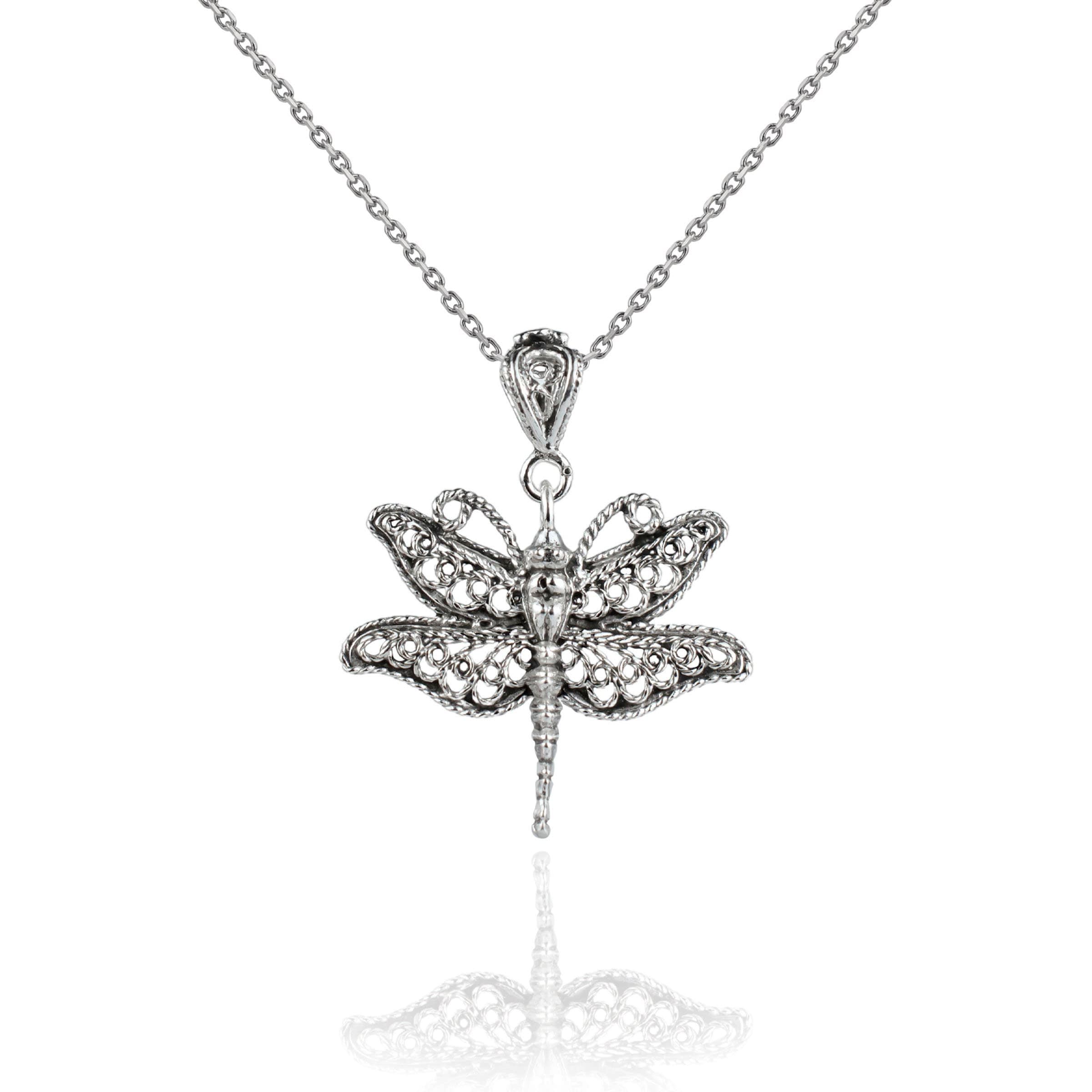 Sterling Silver Gothic Dragonfly Pendant Necklace, Artisan Crafted Handmade Filigree Flying Insect Women Charm Pendant Necklace