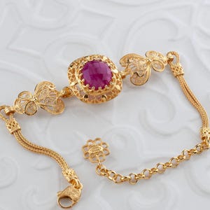 Gold Pink Ruby Corundum Vintage Designer Bracelet, 925 Sterling Silver Gold Plated, Handmade Antique Design Filigree Bracelet