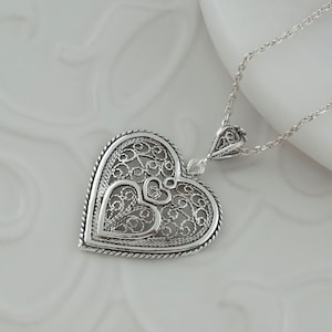 Sterling Silver Edwardian Heart Pendant Necklace , 925 Artisan Made Filigree Handmade Love Jewelry Gift for Women, Her, Mom, Valentine