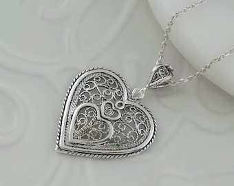 Sterling Silver Edwardian Heart Pendant Necklace , 925 Artisan Made Filigree Handmade Love Jewelry Gift for Women, Her, Mom, Valentine