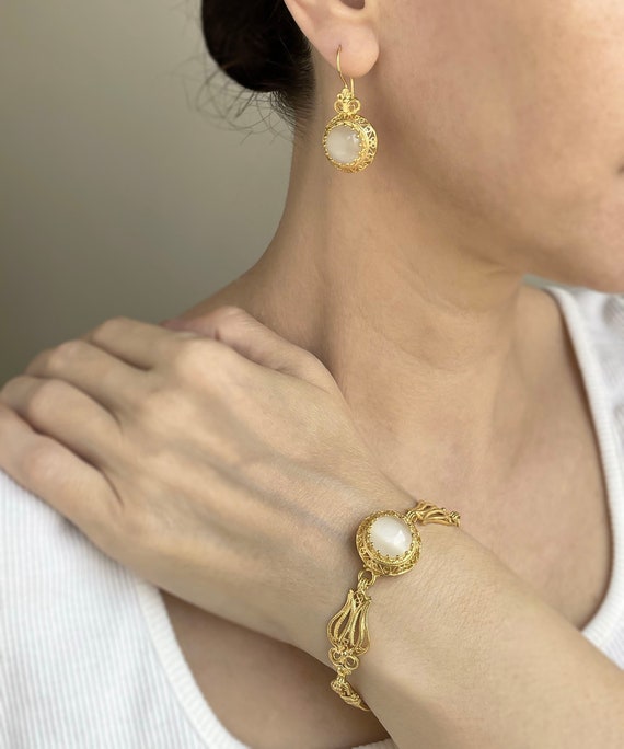 Gold White Pearl Boho Style Silver Victorian Bracelet, 925 Sterling Gold Plated Mother of Pearl Artisan Handmade Filigree Bracelet