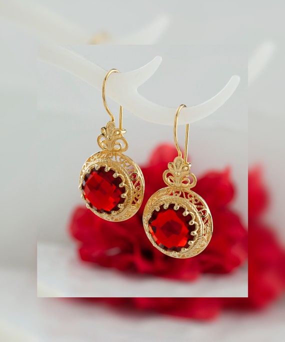Gold Ruby Boho Silver Filigree Drop Earrings, 925… - image 2