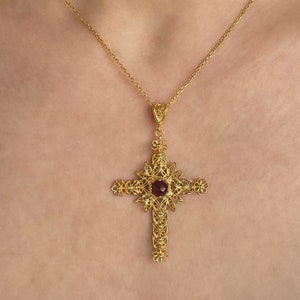 Ruby Corundum Gold Handmade Silver Cross Pendant Necklace, 925 Sterling Silver 18K Gold Plated Filigree Fancy Floral Holy Cross Jewelry image 5
