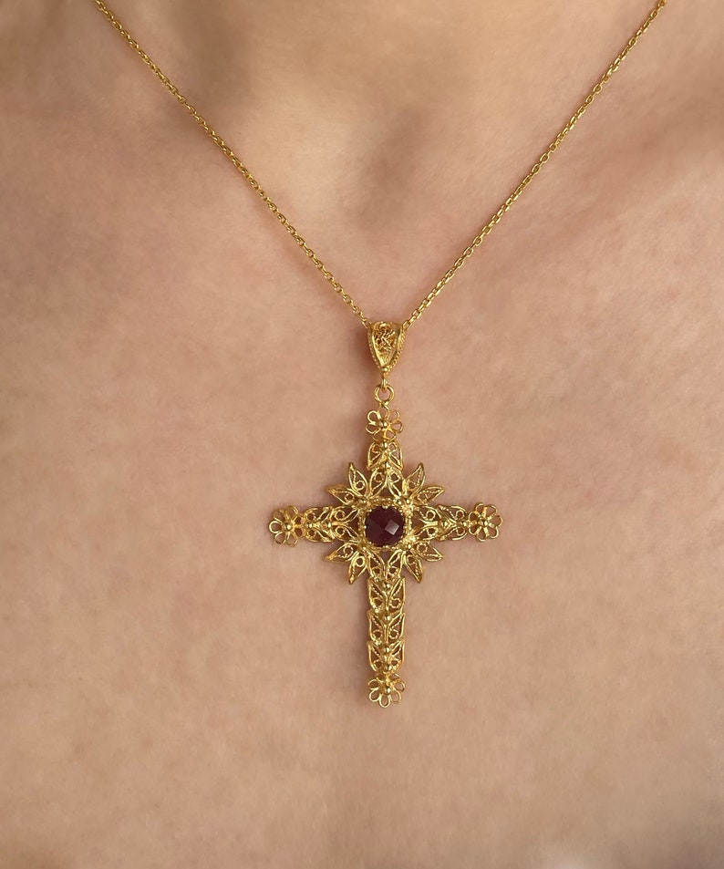 Ruby Corundum Gold Handmade Silver Cross Pendant Necklace, 925 Sterling Silver 18K Gold Plated Filigree Fancy Floral Holy Cross Jewelry image 5