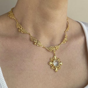 Gold White Topaz Silver Choker Boho Necklace, 925 Sterling Gold Plated Handmade  Filigree Antique Design Unique Floral Necklace Jewelry