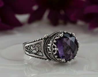 Amethyst Silver Gothic Filigree Ring, 925 Sterling Silver Artisan Made Goth Women Statement Cocktail Ring