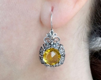 Boucles D'oreilles Citrine & Filigrane - Argent Sterling 925 Et Plaqué Or Jaune
