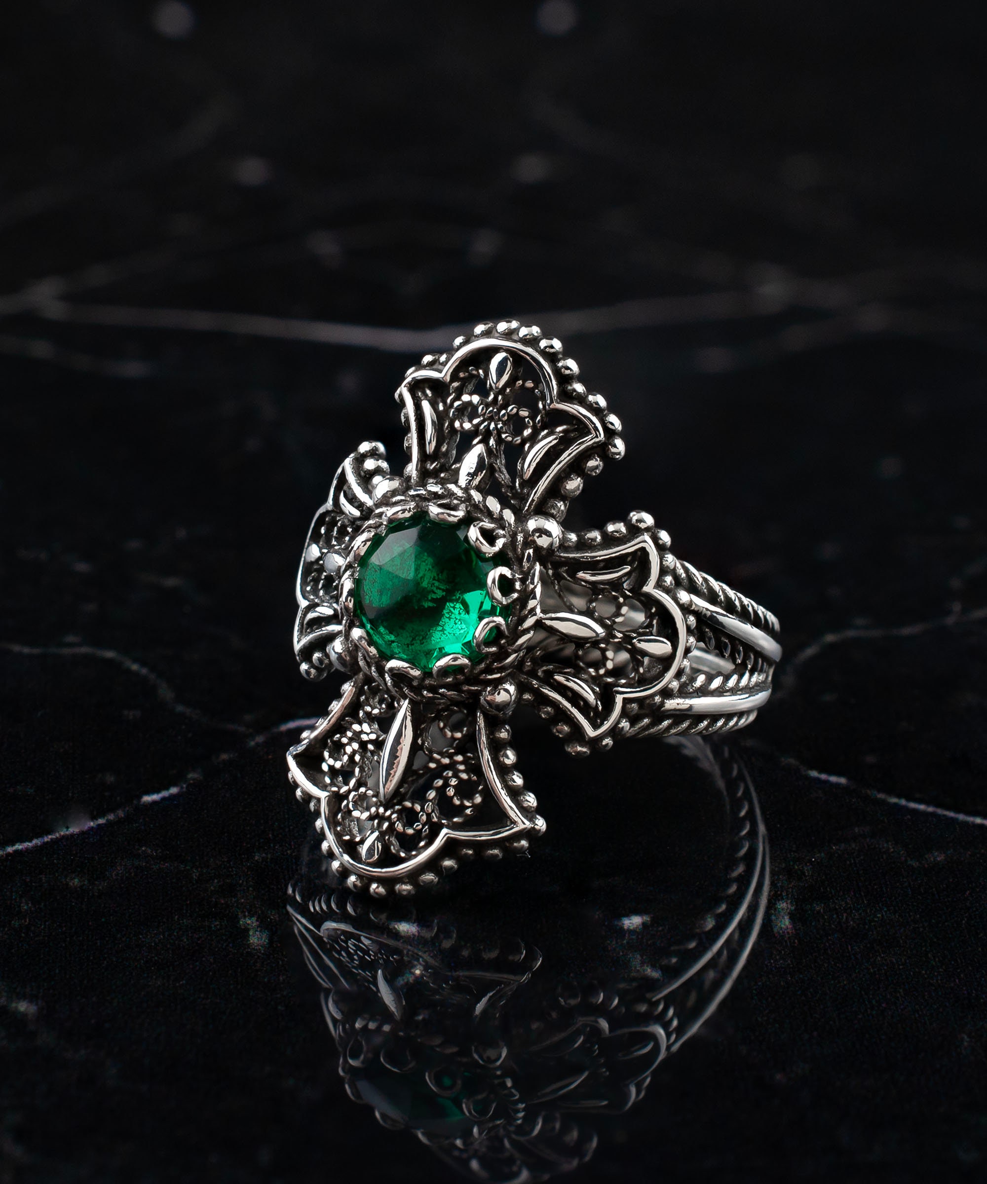 Emerald Silver Gothic Medieval Cross Ring, 925 Sterling Silver