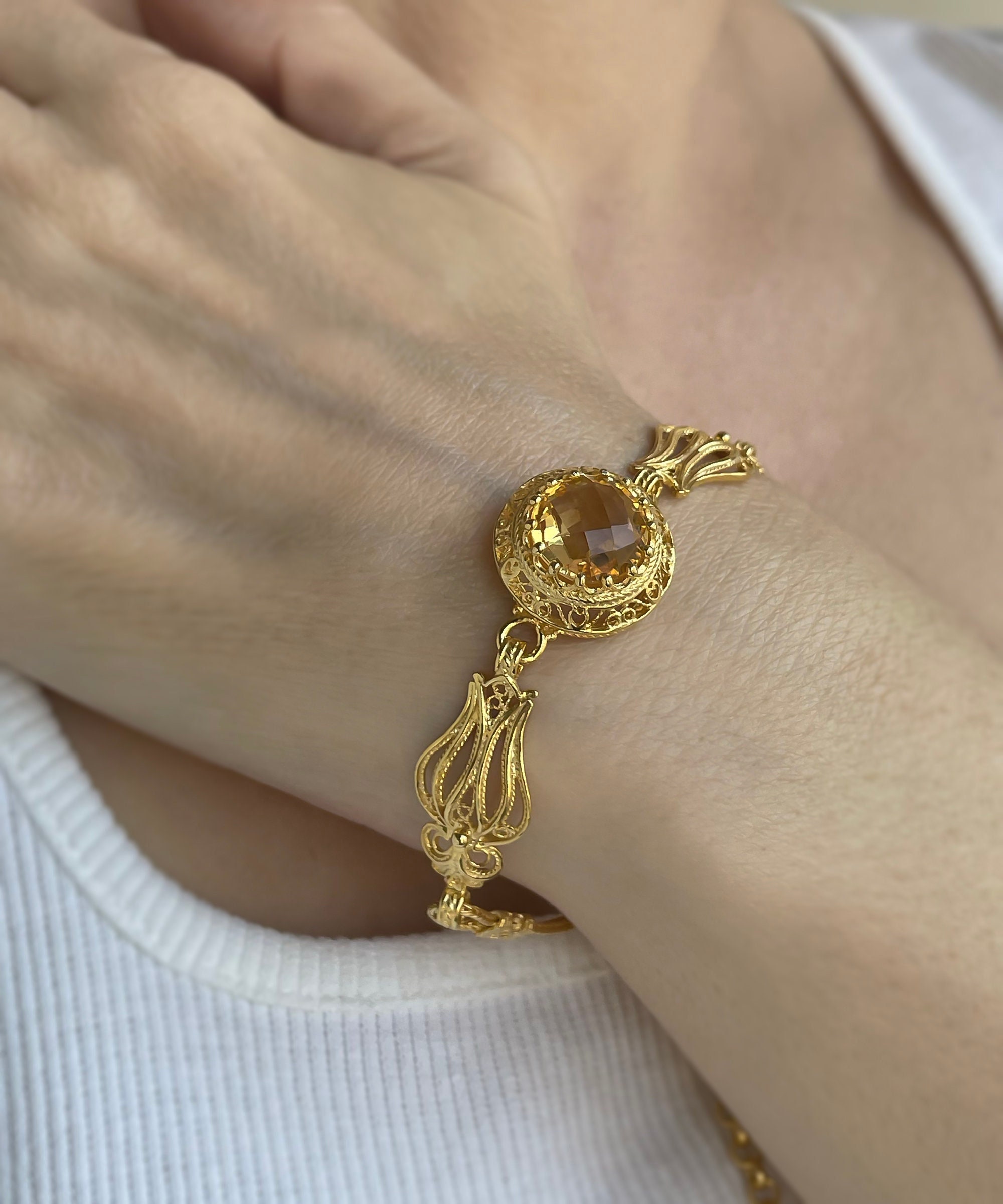 Gold Citrine Floral Silver Victorian Women Bracelet, 925 Sterling