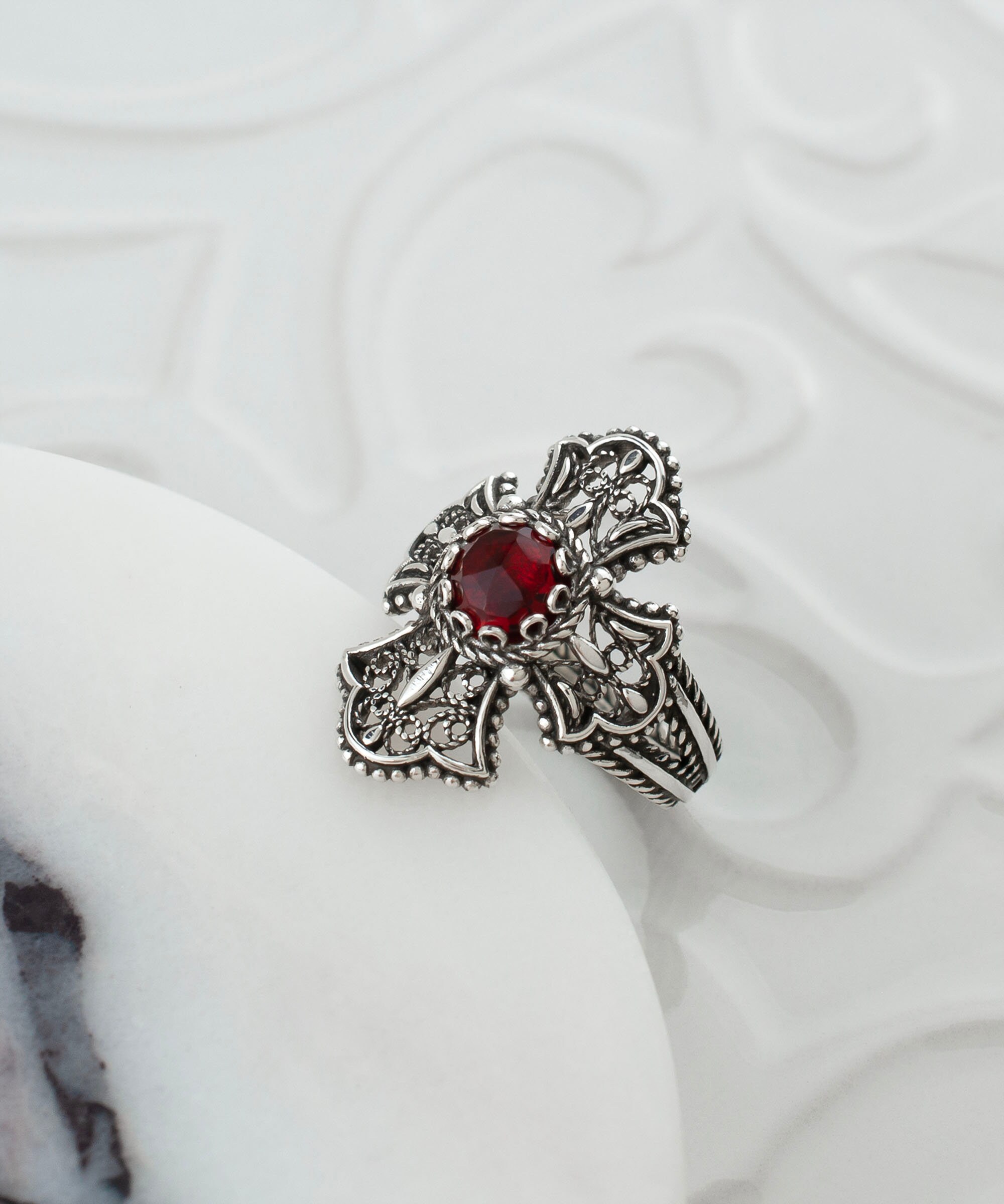 Ruby Silver Gothic Medieval Cross Ring, 925 Sterling Silver