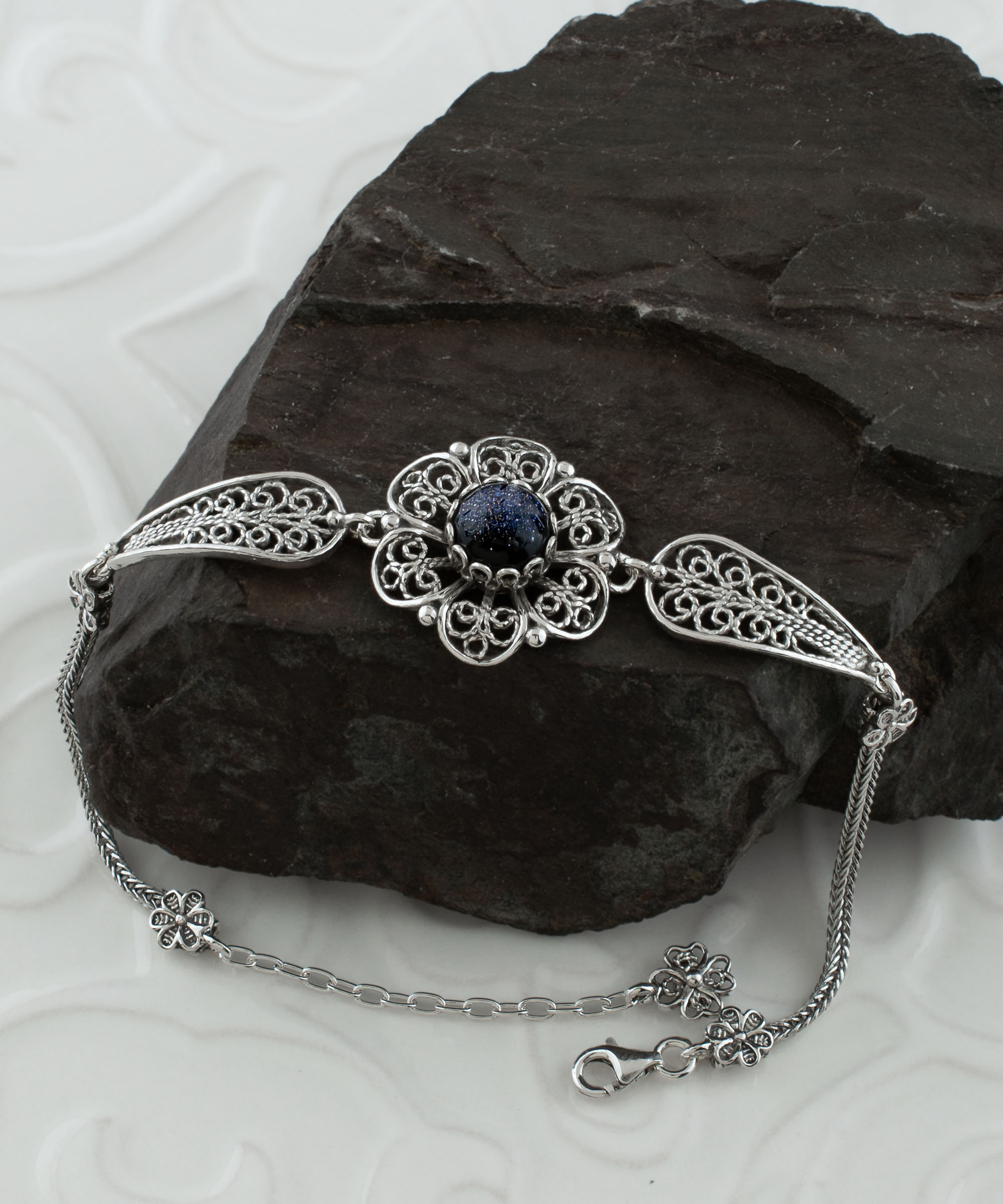 Blue Goldstone Silver Daisy Flower Bracelet, Sandstone