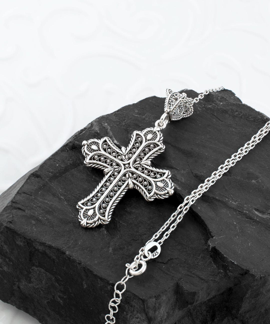 Silver Religious Victorian Cross Pendant Necklace, 925 Sterling Silver ...