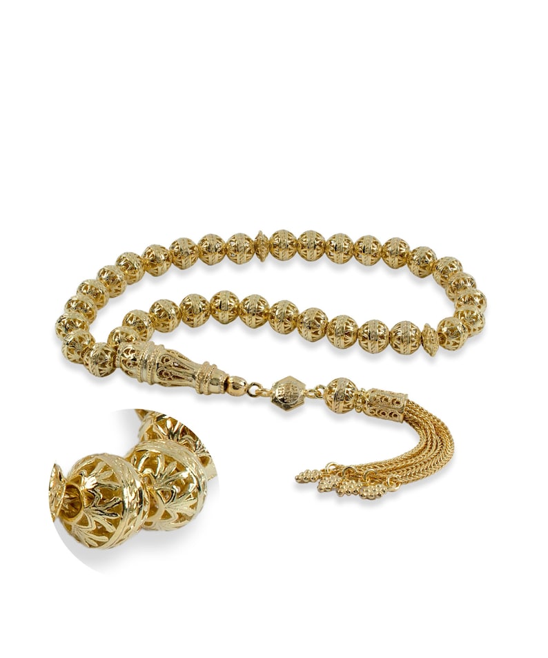 Gouden filigraan handgemaakte tasbeeh, tasbih, misbaha, moslimrozenkrans, sibha, tesbih, sterlingzilver gebed 7 mm 33 stuks ronde zorgkralen afbeelding 1