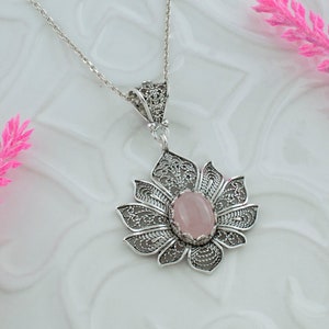 Rose Quartz Silver Boho Lotus Floral Pendant Necklace, 925 Sterling Silver Artisan Handmade Filigree Flower Spiritual Women Jewelry