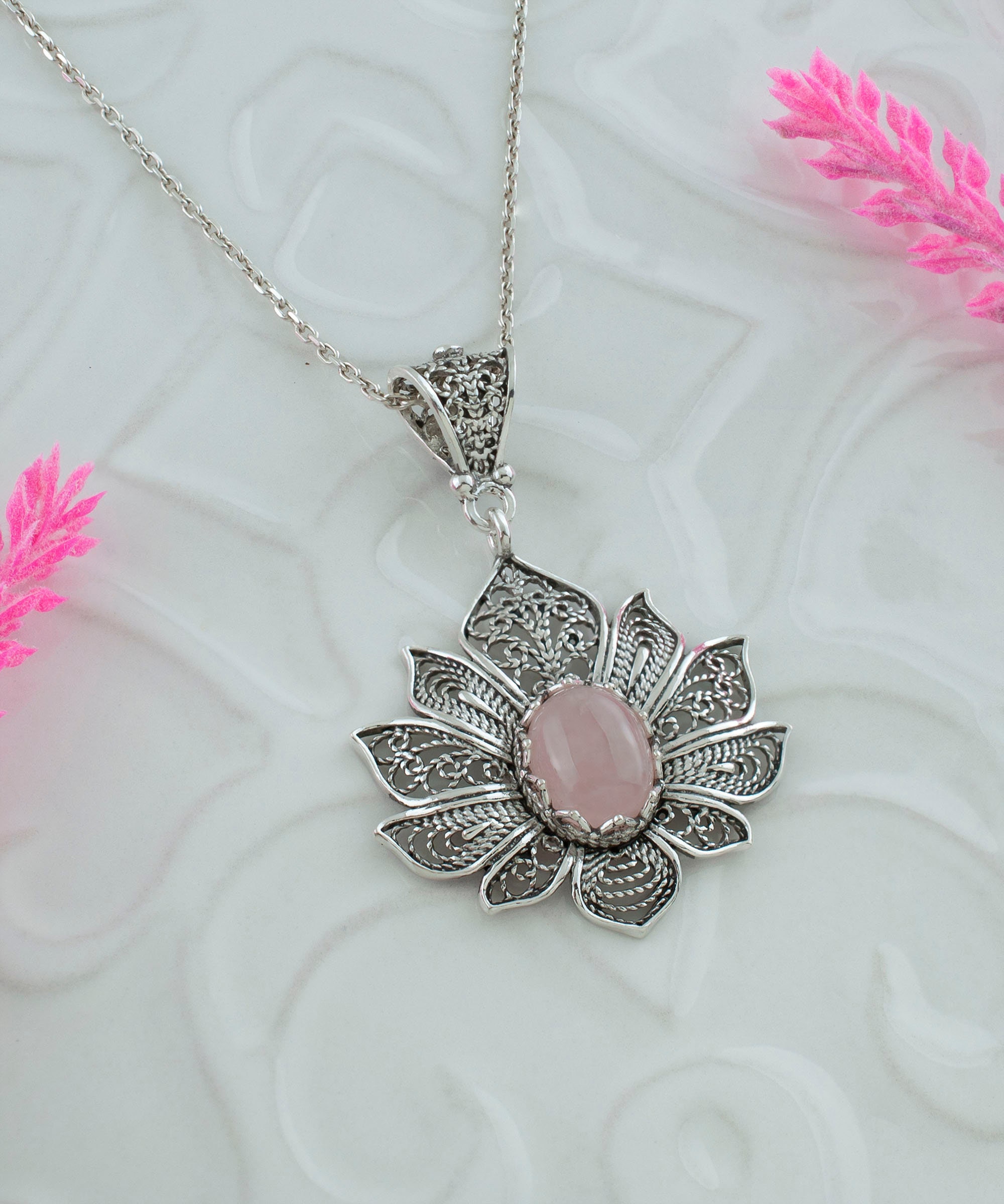 Rose Quartz Carved Lotus Flowers Pendant for Women Solid 925 Silver Fine  Jewelry